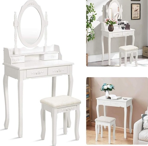 bb546282-4921-42ac-808a-8b16cb5a8ffc.jpg Vanity Table Set with Oval Mirror, 4 Drawers & Cushioned Stool for Bedroom