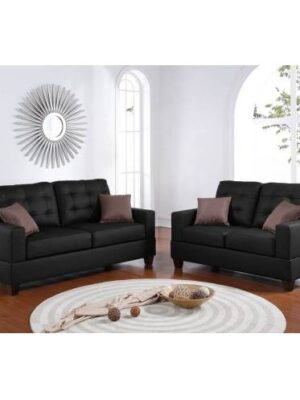 Living Room Furniture 2pc Sofa Set Black Faux Leather Tufted Sofa Loveseat W Pillows Cushion Couch