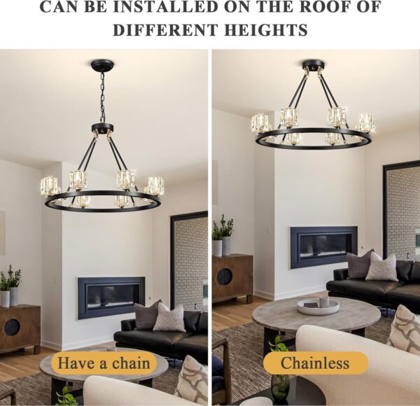 8-Light Black Wagon Wheel Crystal Chandelier – Adjustable Farmhouse Pendant