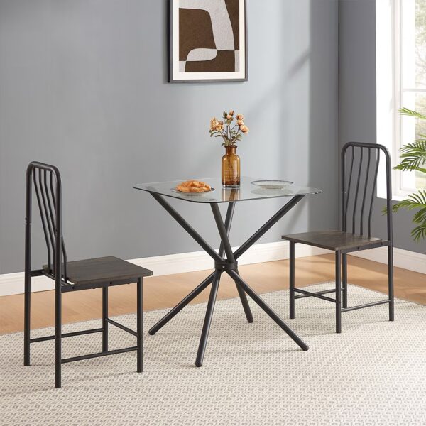Dining Set For 2, Square Glass Tempered Dining Table With 4 Legs And 2 Metal Chair For Home Office Kitchen Dining Room