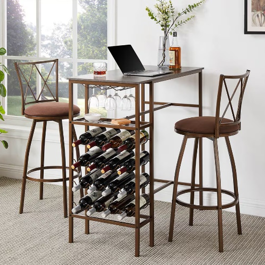 3-Piece Bar Table Set - Retro Brown Chairs for Kitchen & Dining Room