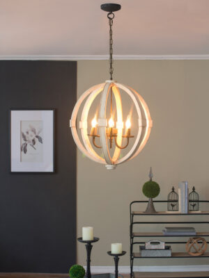 6 - Light Wood Chandelier With Adjustable Chain For Kitchen, Dining Hall Entrance, Bulb Not Included