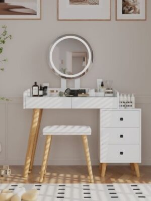 LED Glass Top Dressing Table with Mirror, 5 Drawers & Extendable Side, Includes Stool