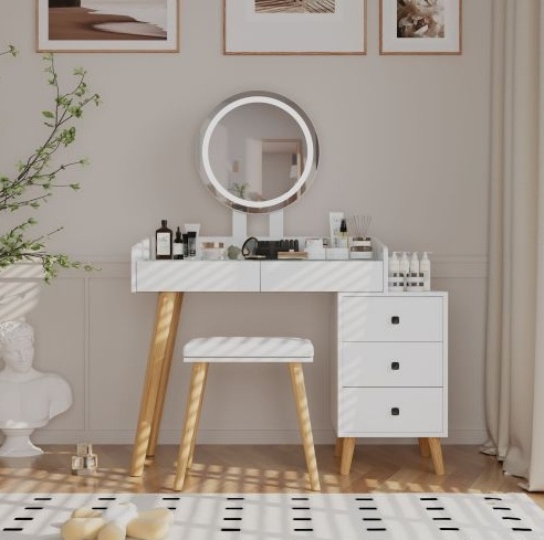 LED Glass Top Dressing Table with Mirror, 5 Drawers & Extendable Side, Includes Stool
