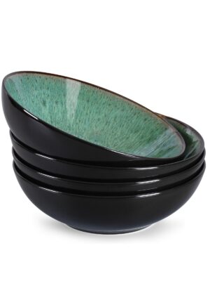 Creative Western  Kiln Change Peacock Green Bowl 30oz Bowl Set Of 4 For Cereal, Salad, Pasta, Soup, Dessert, Serving Dishwasher, Microwave And Oven