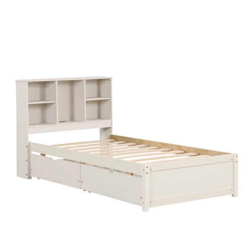 Modern Twin Size Bed Frame With Built-in USB Port On Bookcase Headboard And 2 Drawers