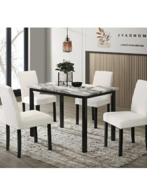 White Color Wool Fabric Chairs Faux Marble Top Table 5pc Dining Set Kitchen Dinette Cushions Upholstered 4x Chairs Dining Room