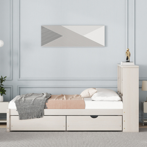 Modern Twin Size Bed Frame With Built-in USB Port On Bookcase Headboard And 2 Drawers