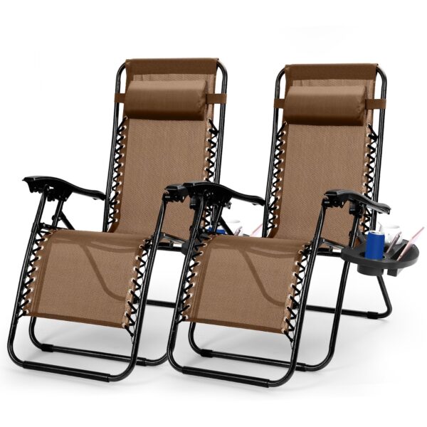 2-Pack Zero Gravity Lounge Chairs with Trays and Pillows Foldable 330lbs