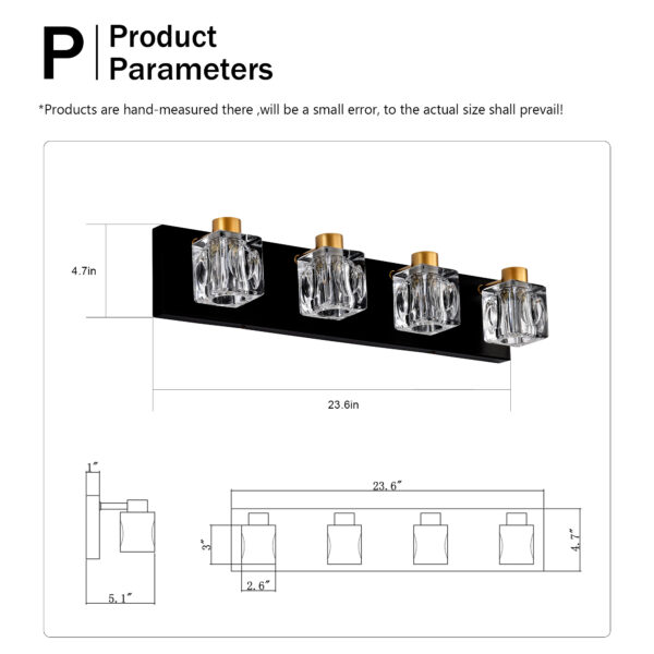 06fad472-46f8-4fad-ae34-6d54070462ec.jpg Vintage 4-Light Wall Fixture – Black & Gold Vanity Light with Crystal Glass Shades