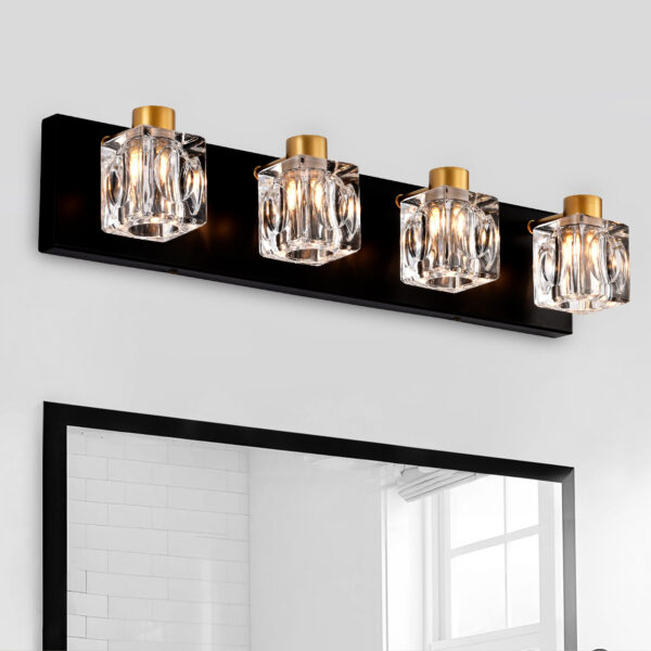 07b50f05-0c55-47c3-8db6-2408bc5de0e6.jpg Vintage 4-Light Wall Fixture – Black & Gold Vanity Light with Crystal Glass Shades