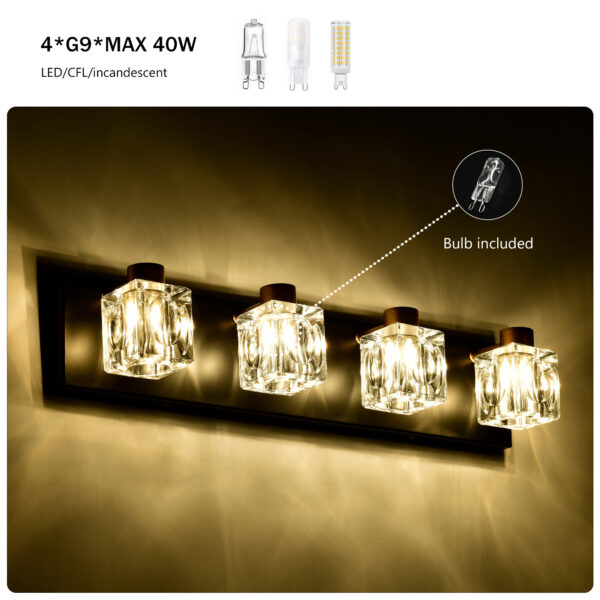 86e60083-5cbf-4deb-90ee-e5b2e17eddaa.jpg Vintage 4-Light Wall Fixture – Black & Gold Vanity Light with Crystal Glass Shades