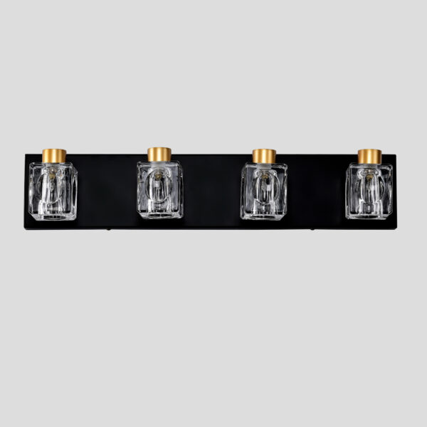 a9d1827b-085e-4b69-ac12-d9d5cc2ca979.jpg Vintage 4-Light Wall Fixture – Black & Gold Vanity Light with Crystal Glass Shades