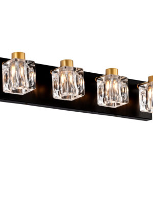 Vintage 4-Light Wall Fixture – Black & Gold Vanity Light with Crystal Glass Shades