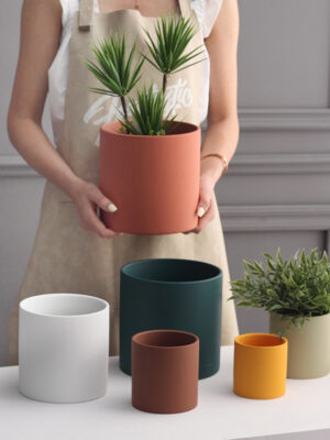 Nordic Industrial Ceramic Flowerpot – Colorful Cylindrical Planter with Drainage Tray